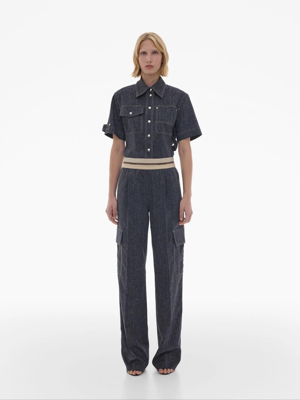 Helmut Lang Dark Indigo Denim Two-Piece Set with Beige Stripe Waistband